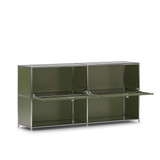 Meuble bas Cubox 2 niveaux, 2 abattants en vert olive, vue de trois quarts avec les deux abattants ouverts, photo en studio