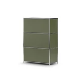 Étagère de bureau Cubox 3 niveaux, 2 abattants en vert olive, vue arrière de trois quarts, photo en studio