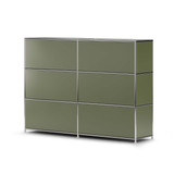 Meuble bas Cubox 3 niveaux, 4 abattants en vert olive, vue arrière de trois quarts, photo en studio