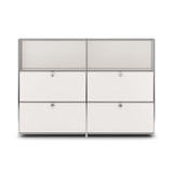 Meuble bas Cubox 3 niveaux, 4 abattants en blanc, vue de face, photo en studio