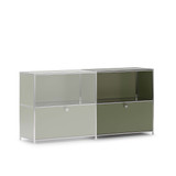Kit d'extension Cubox 2 niveaux, 1 abattant en vert olive accolé à un meuble Cubox existant, vue de trois quarts, photo en studio