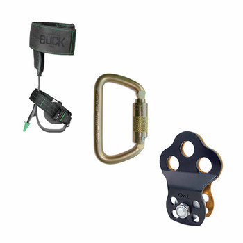 Zinc Plated Steel Carabiners Kit With Black, Orange Aluminum Pulley And Steel Tree Climber Spikes