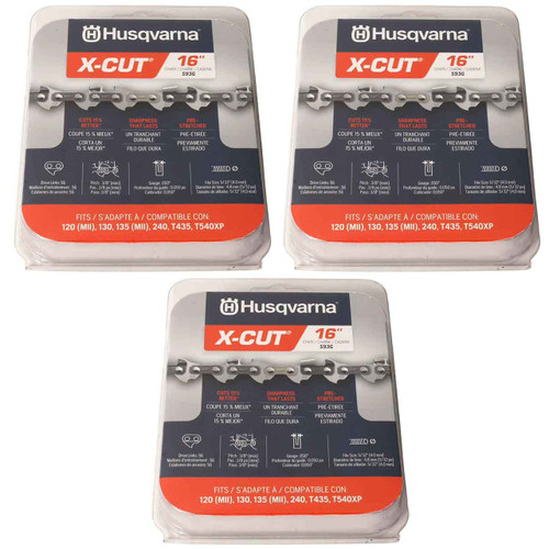 HUSQVARNA Chains - X -CUT S93G ,16"BAR, 56 DRIVE LINKS, .050"GAUGE, 3/8" LPPITCH - 3 PACK