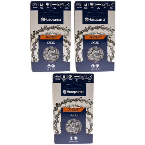 HUSQVARNA Chains - X -CUT S93G ,18"BAR, 62 DRIVE LINKS, .050"GAUGE, 3/8" LPPITCH - 3 PACK