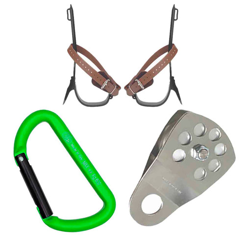 Green, Black Mini D Carabiner Kit With Silver Aluminum Pulley And Steel Tree Climber with Foot Strap