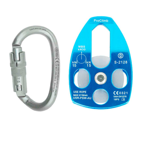 Silver OVALONE DNA Steel Carabiner Kit With Blue Aluminum Pulley