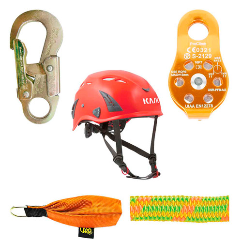 Green, Orange, Yellow Pro Rope , LINE And Hardware Kit With Red Super Plasma Safety Helmet
