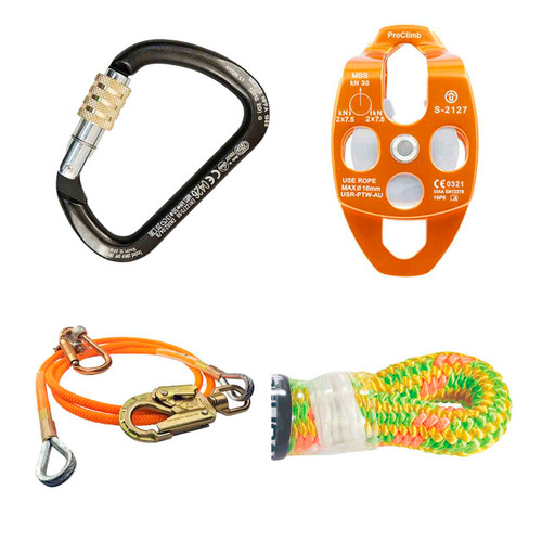 Green, Orange, Yellow Pro Rope And LANYARD Kit With D Shaped Steel Carabiner And Aluminum Pulley Kit