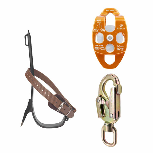 Zinc Plated Steel Snaphooks Kit With Orange Aluminum Pulley And Steel Tree Climber with Foot Straps