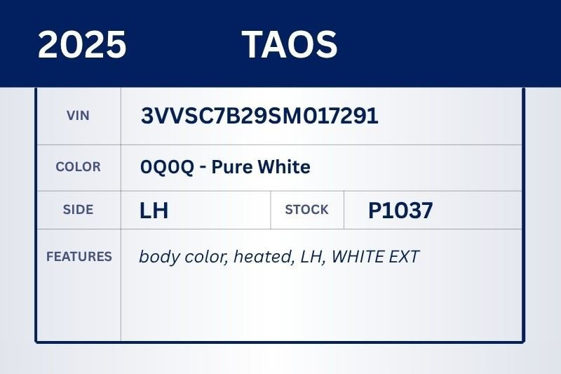 Left Driver Side View Mirror Body Color Heated 2022-2025 VOLKSWAGEN TAOS #46752 2GJ857507L9B9, 2GJ857537AGRU