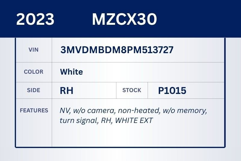 Right Passenger Side White Door Mirror Fits 2020-2023 MAZDA CX-30 OEM #46809 DGJ369121A