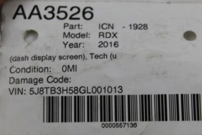 Info-GPS-TV Screen Dash Display Screen Advance Upper 2016-18 ACURA RDX OEM 13006 39810-TX4-A210-M1