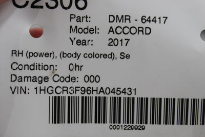 Right Passenger Side Black Door Mirror Power 2013-15 2017 HONDA ACCORD OEM 43096 76200T2GA41ZC, 76200T2GA42ZC