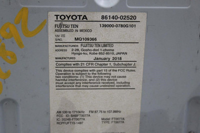 Audio Equipment Radio Display And Receiver Fits 2017-19 TOYOTA COROLLA OEM 43404 86140-02520
