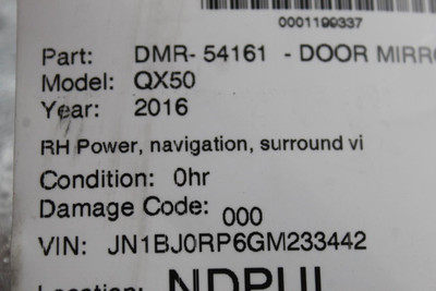 Right Passenger Side Gray Door Mirror Power Fits 16-17 INFINITI QX50 OEM #45464 963015UB3A