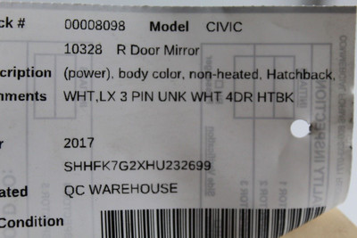 Right Passenger Side White Door Mirror Power Fits 2017-18 HONDA CIVIC OEM #46308 76208TGG305, 76201TBAA11ZF, 76208TGG305