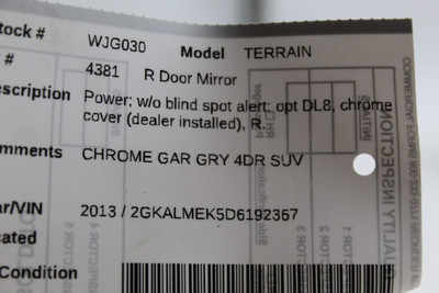 Right Passenger Side Door Mirror Power Chrome Cover 12-13 GMC TERRAIN OEM #46298