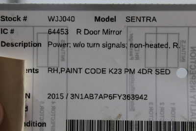 Right Passenger Side Silver Door Mirror Power 2013-2015 NISSAN SENTRA OEM #46287 963733TH3A, 963013SG0B