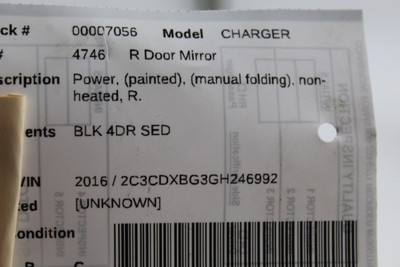 Right Passenger Side Black Door Mirror Power Fits 15-19 DODGE CHARGER OEM #46275 1MA46GW7AH