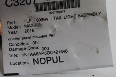Right Passenger Tail Light Quarter Mounted Fits 2016-18 NISSAN MAXIMA OEM #46465 265504RA2A, 265504RA1A, 265504RA1A, 265504RA0A