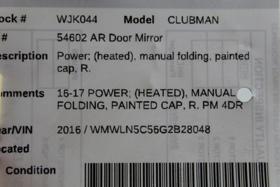 Right Passenger Side Black Door Mirror Power 16-18 MINI COOPER CLUBMAN OEM 46401 51167401230, 51167366044, 51167471960