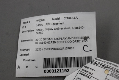 Audio Equipment Radio Display Screen And Receiver 2020 TOYOTA COROLLA OEM 46509 8614012350, 8614002770, 8614012350, 8614002A50