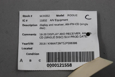 Audio Equipment Radio Display And Receiver Am-fm-cd 18-20 NISSAN ROGUE OEM 46520 2591A8FM0B, 2591A8FM0C, 2591A8FM0B, 2591A8FM0A