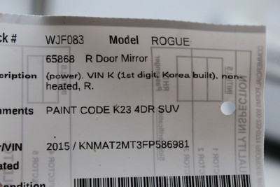 Right Passenger Side Silver Door Mirror Power Fits 14-16 NISSAN ROGUE OEM #46433 963734BA0A, 963014BA0A