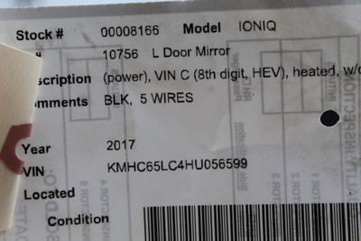 Left Driver Side Black Door Mirror Power Fits 2017-2022 HYUNDAI IONIQ OEM #46420 87610G2380, 87610G2380