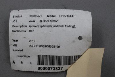 Right Passenger Side Black Door Mirror Power Fits 15-19 DODGE CHARGER OEM #46435 1LD58GW7AH