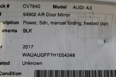 Right Passenger Side Black Door Mirror Power Fits 2015-2019 AUDI A3 OEM #46449 8V0857528DGRU, 8V0949102A, 8V0857536C