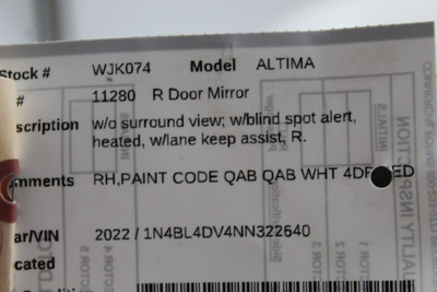 Right Passenger Side White Pearl Door Mirror Fits 19-24 NISSAN ALTIMA OEM #46622 963016CA1B