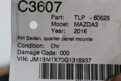 Right Passenger Tail Light Quarter Panel Mounted Fits 2014-18 MAZDA 3 OEM #46697 BHN151150B, BHN151150B