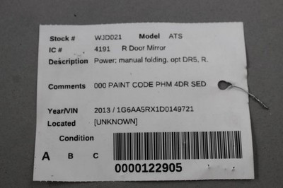 Right Passenger Side Door Mirror Power Fits 2013 CADILLAC ATS OEM #46381 22835036