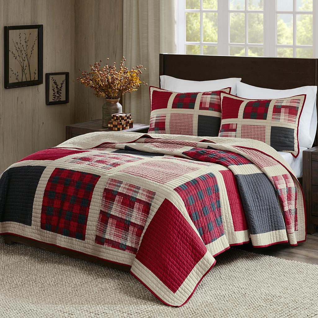 Rustic Bedding Sets Full/Queen Size Red Plaid Patches Quilt Mini Set