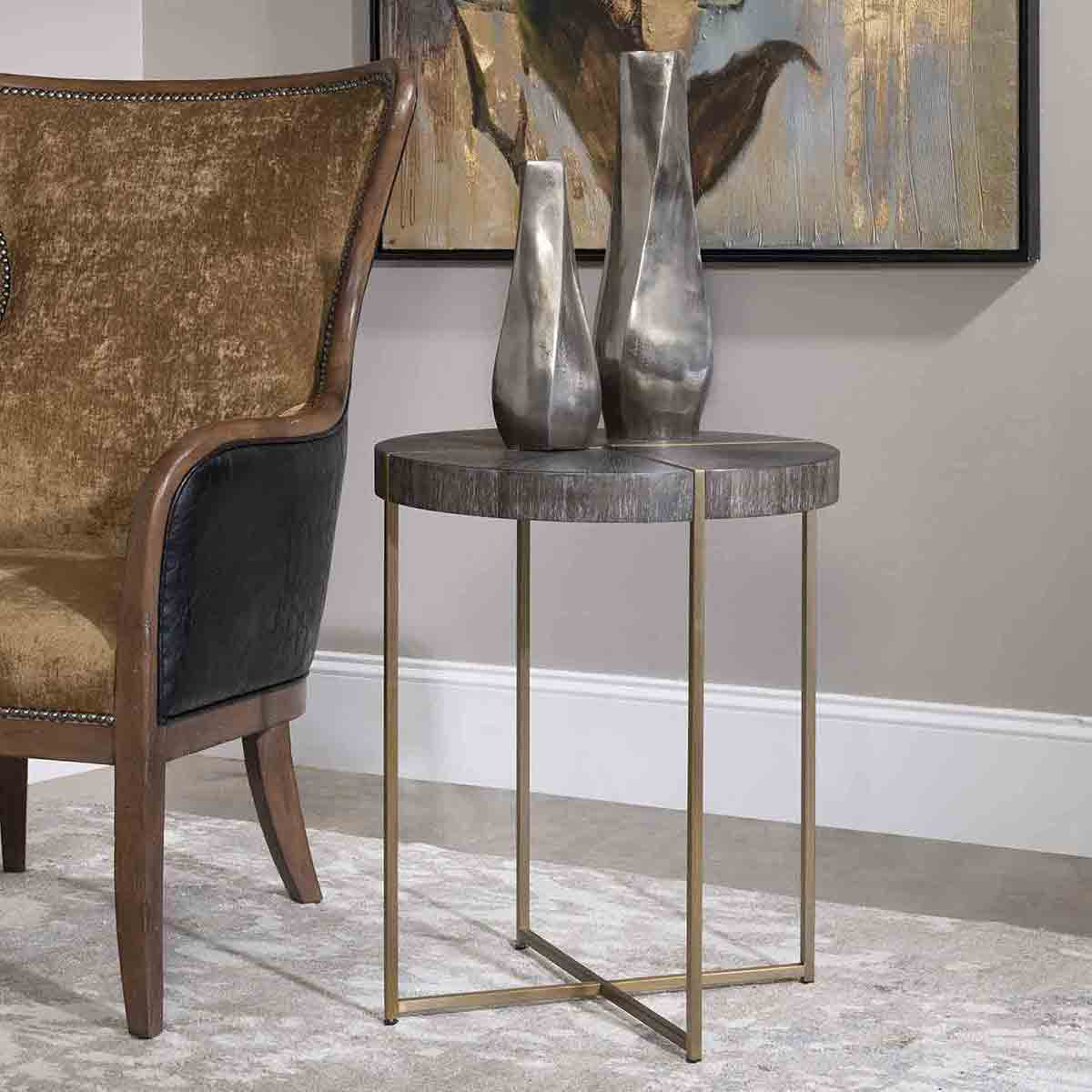 Hammered Copper Top Round Accent Table Black Forest Decor