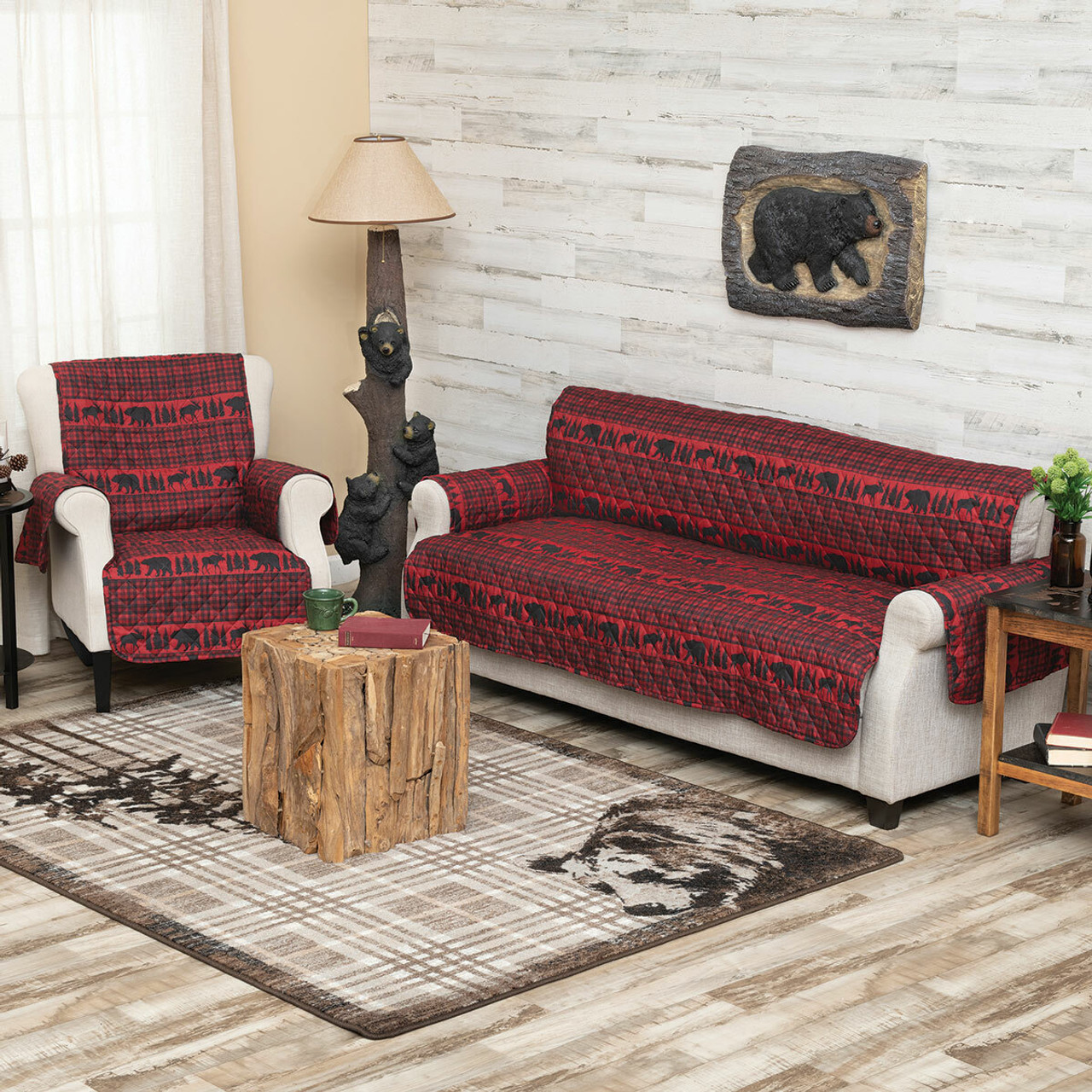 Woodland Bear & Moose Plaid Sofa Cover