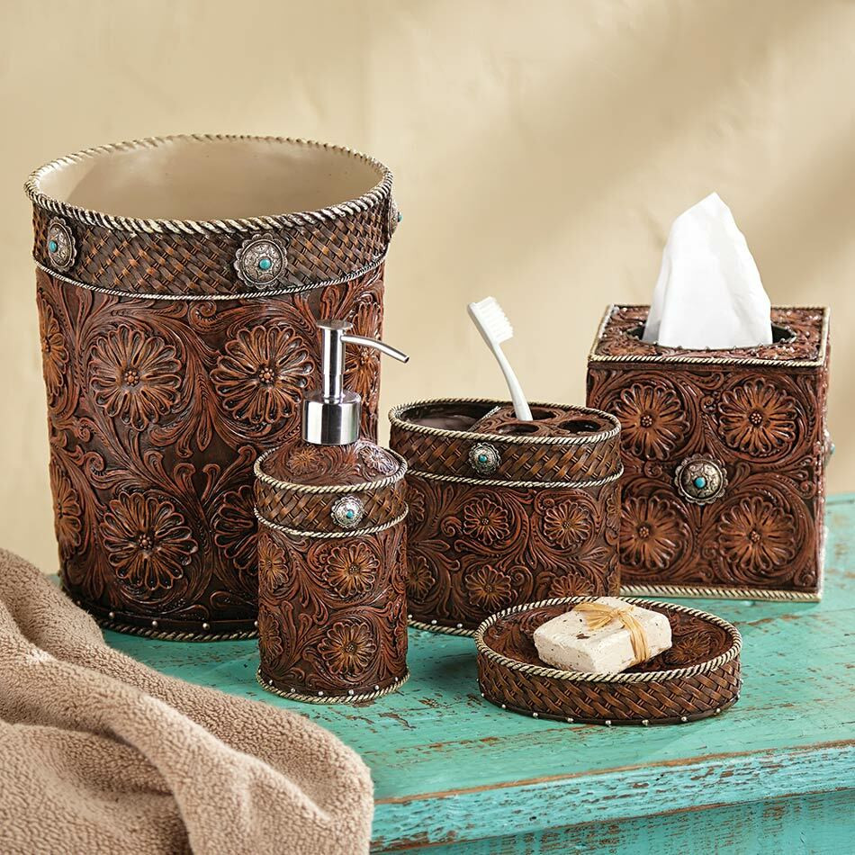 Western Tooled Leather Bath Accessories Black Forest Decor