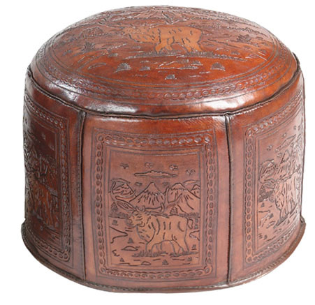 Large Moose Lodge Tooled Leather Ottoman Black Forest Decor