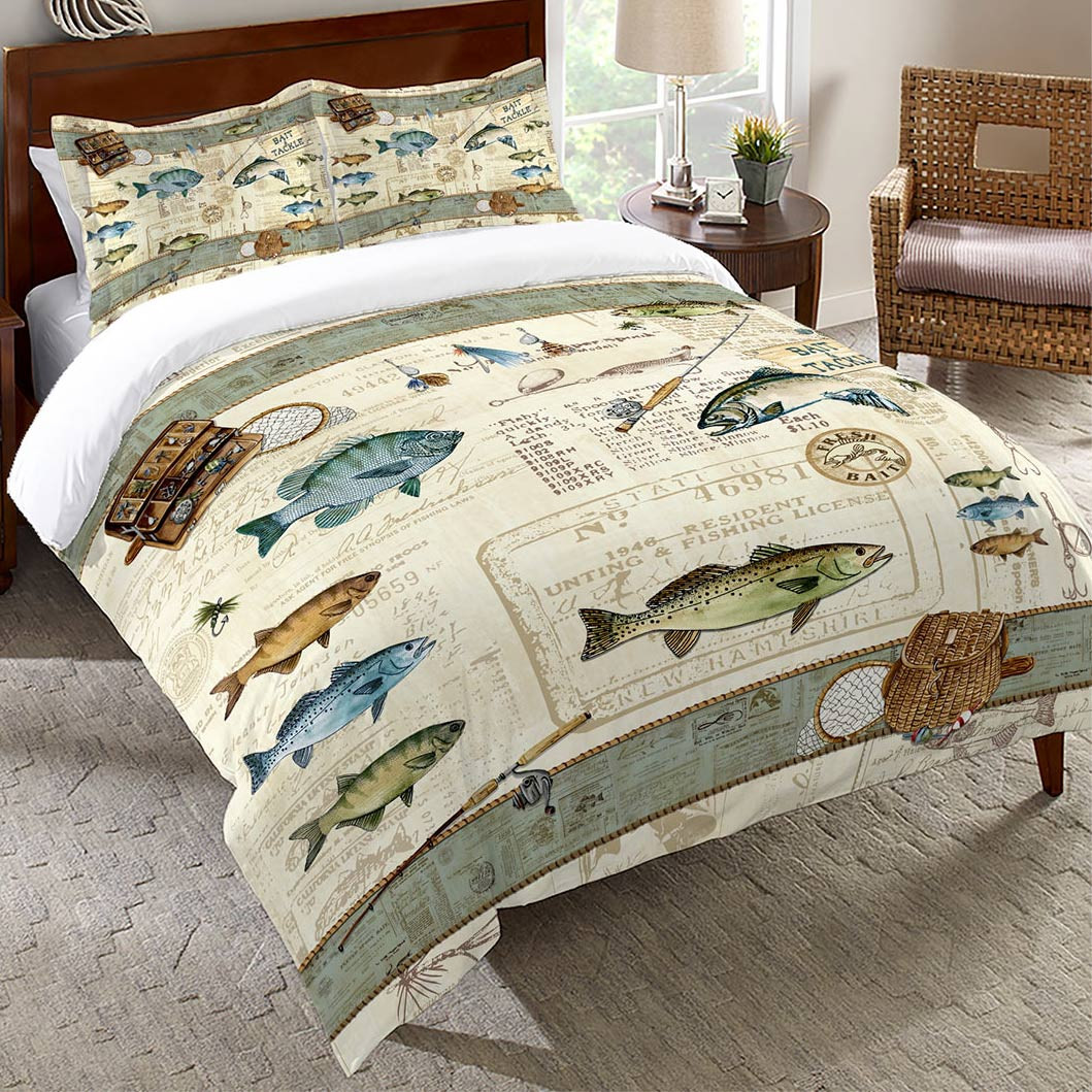 Rustic Bedding Queen Size License to Fish Comforter Black Forest Decor