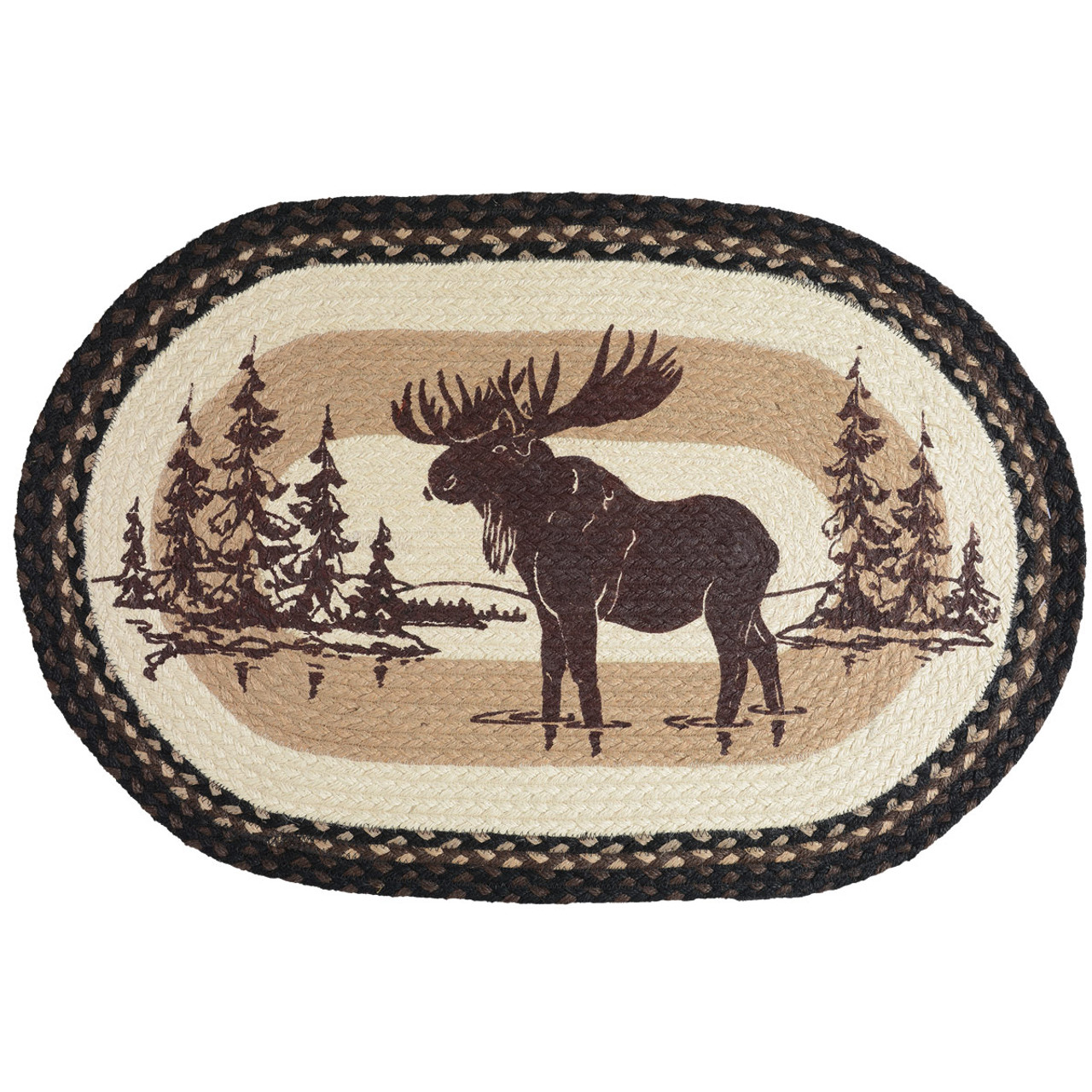 Mountain Stream Moose Braided Jute Rug Black Forest Decor