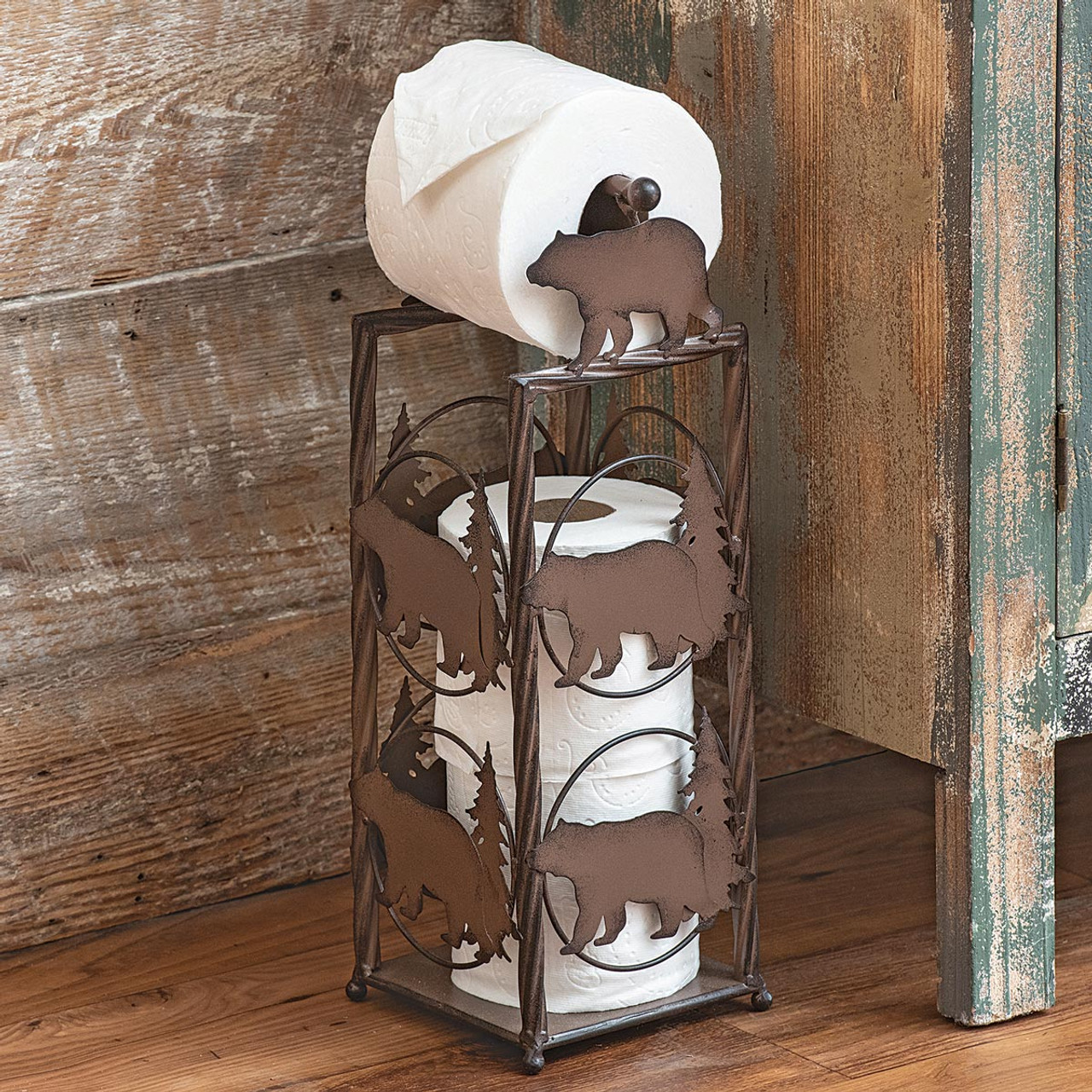 Pine Tree & Bears Toilet Paper Stand, USA Made - Log Cabin Decor, Black Forest Decor DS22419