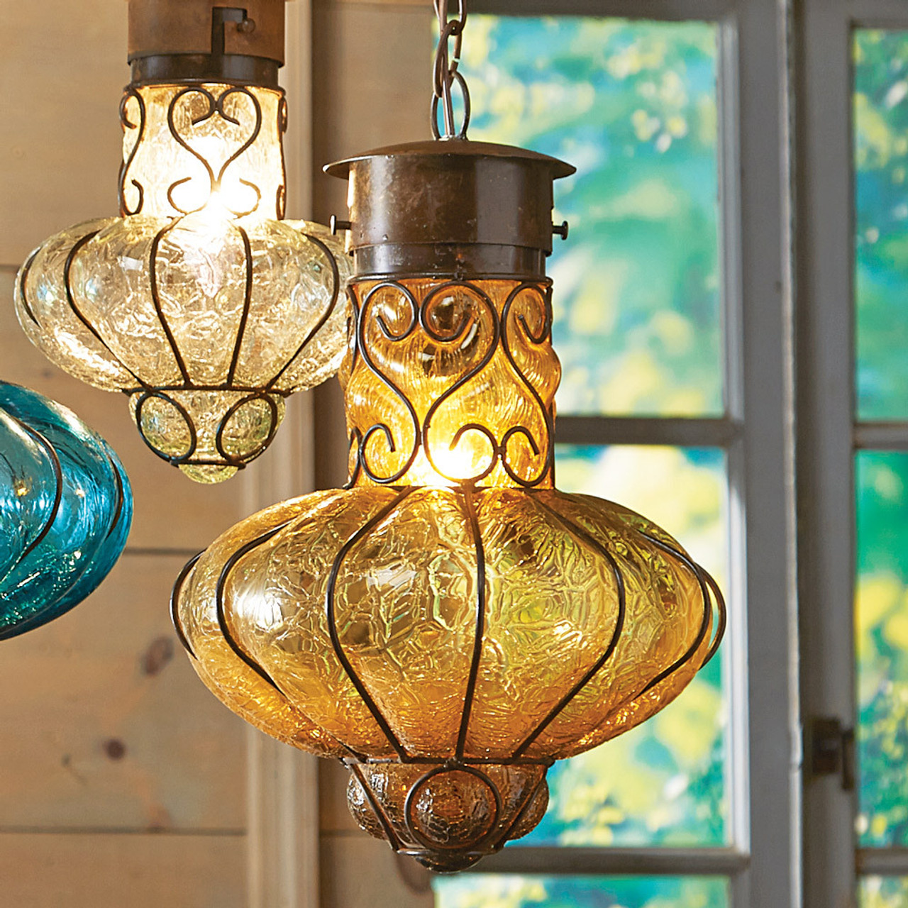 Southwestern Flower Glass Pendant Light - Large - Turquoise - 12Dia - Cabin Lighting from Black Forest Decor