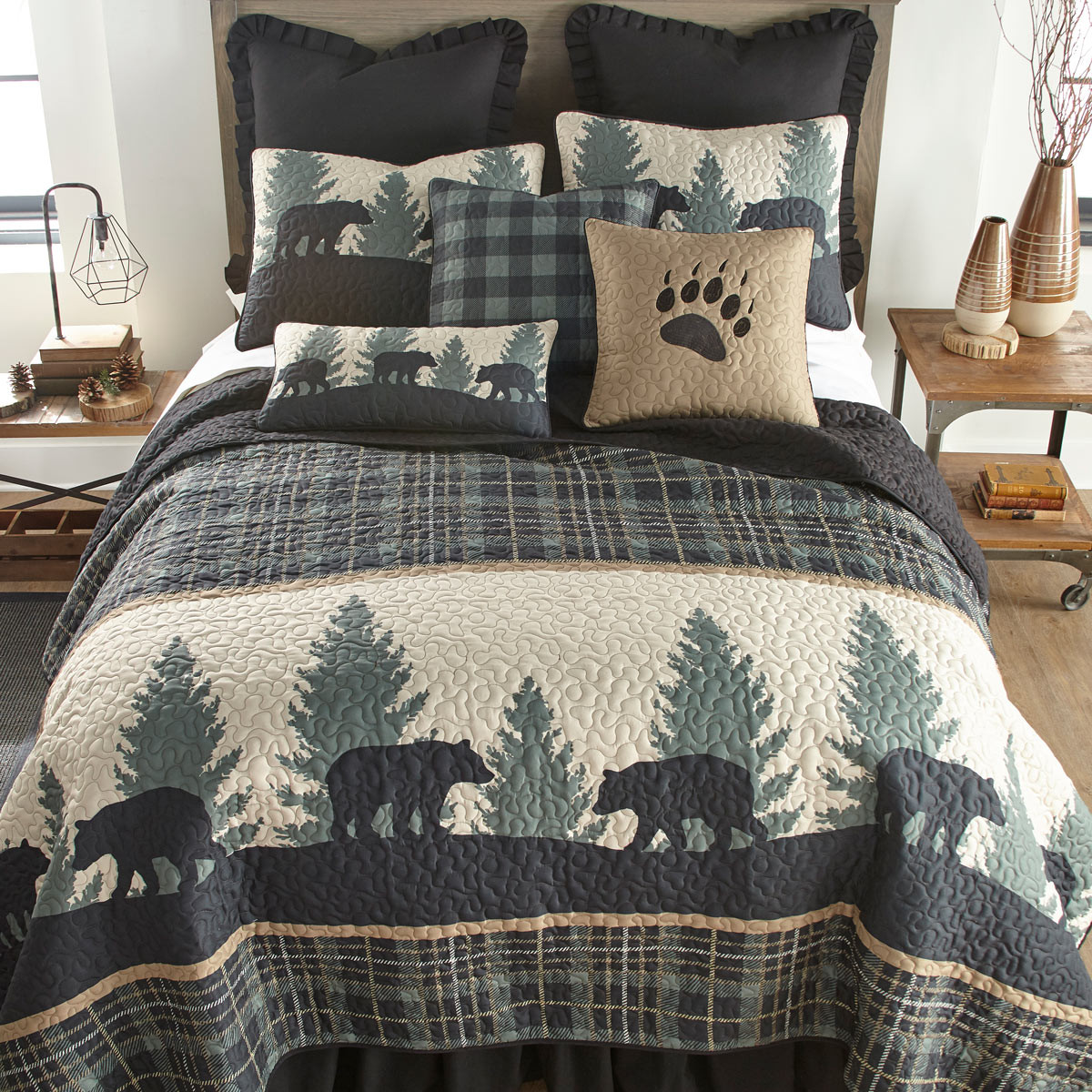 Timberland Plaid Bear Quilt King Black Forest Decor