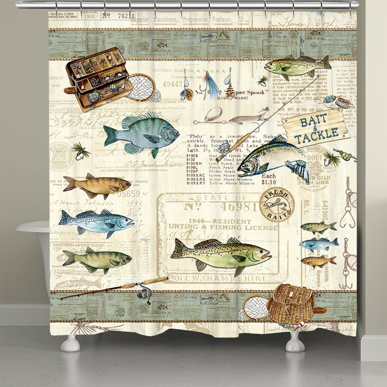 Vintage Fishing Cabin Lake Home Decor Fish Creel Shower Curtain