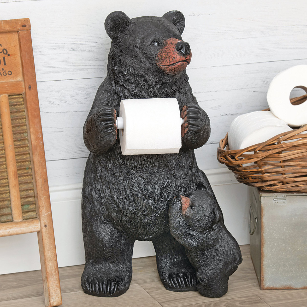 Bear Storage Toilet Paper Holder, Black Forest Decor 15525