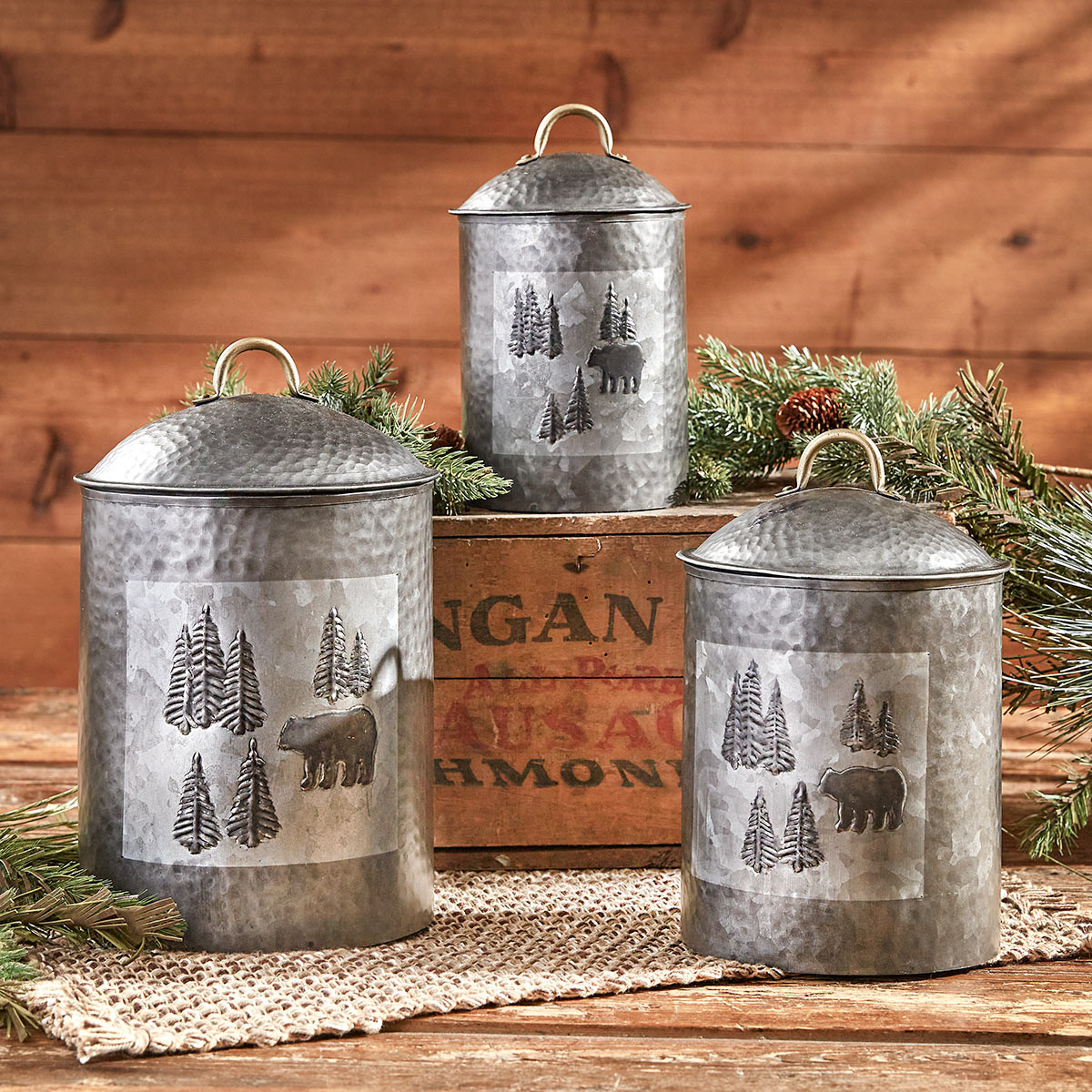 Black Bear Galvanized Canisters Set of 3 Black Forest Decor