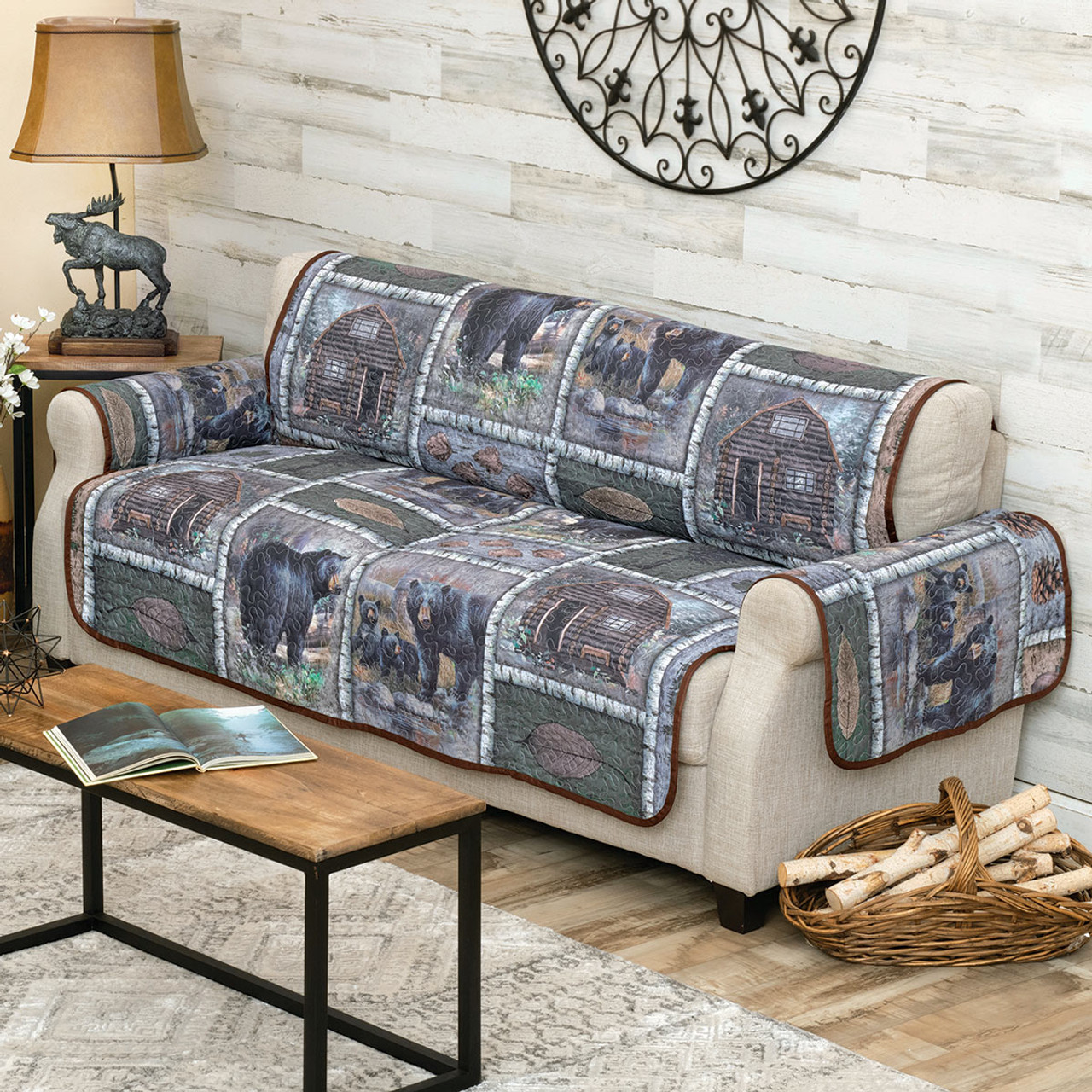 Woodland Bear & Moose Plaid Sofa Cover