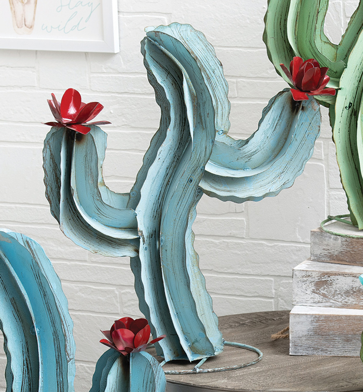 Blooming Cactus Green Metal Sculpture - Large