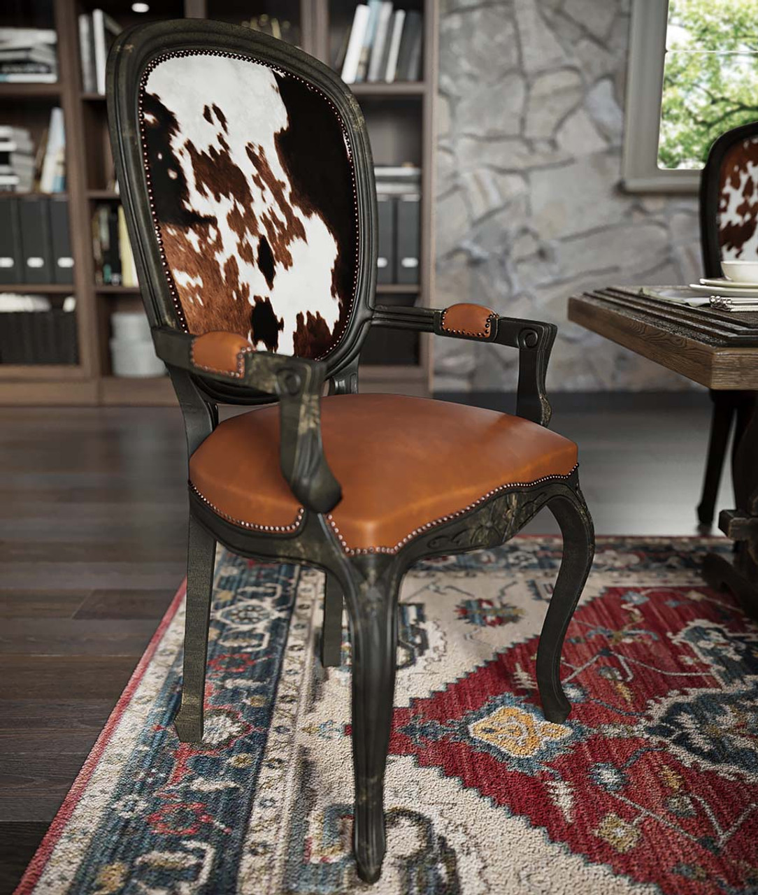 Cowhide Accent Dining Chair w Arms Black Forest Decor